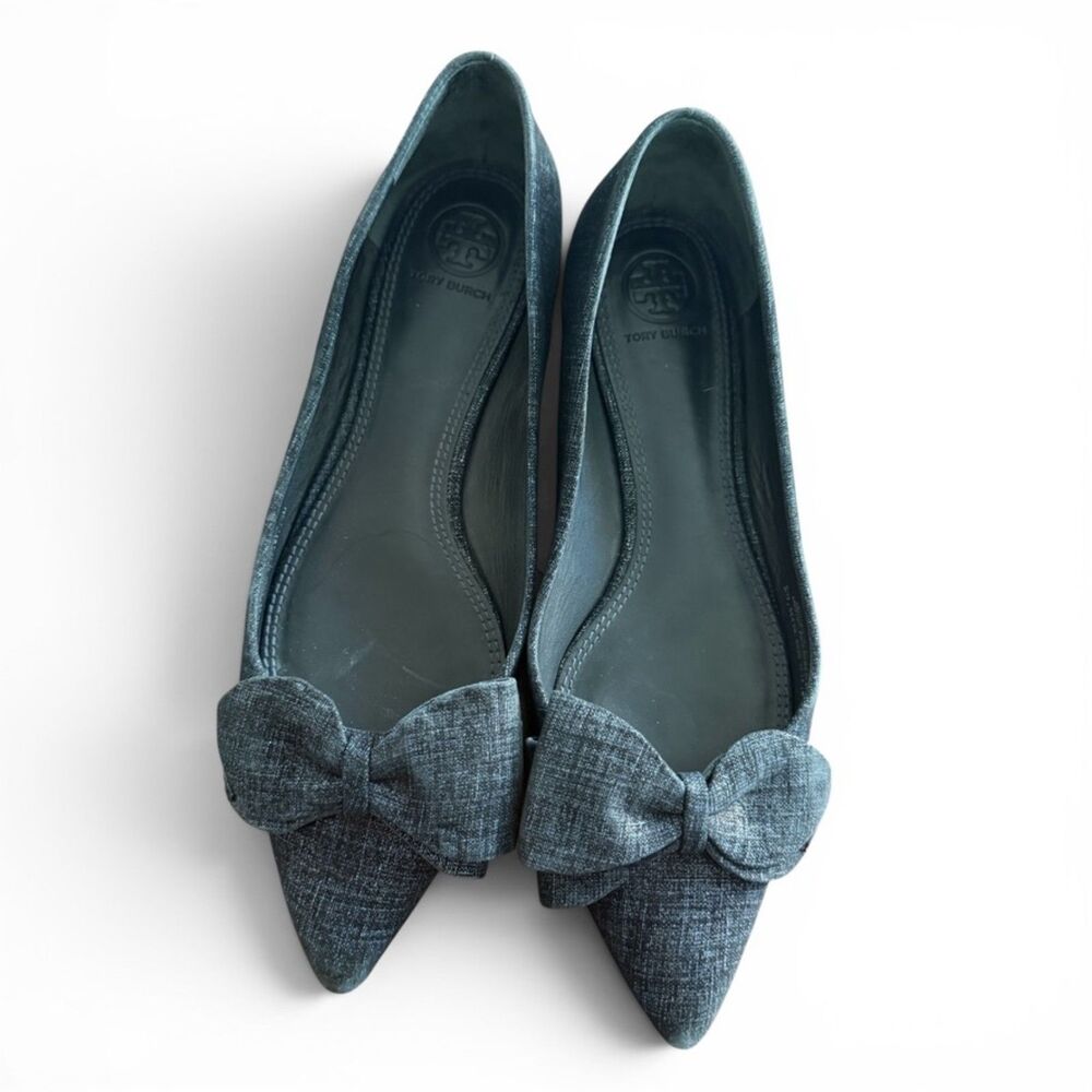 Tory Burch Women's Rosalind Ballet Flats Slip-On Navy Printed Suede Bow Sz 7.5M
